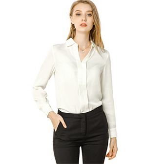 Women's Elegant Solid Color V Neck Satin Long Sleeve Blouse