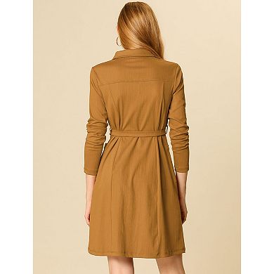 Women's Point Collar Half Placket Long Sleeve Shirt Dress with Belt