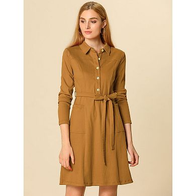 Women's Point Collar Half Placket Long Sleeve Shirt Dress with Belt