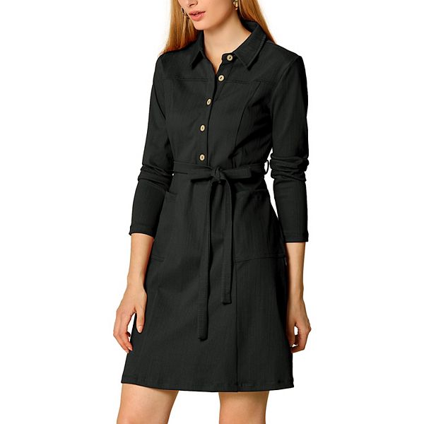 Women's Point Collar Half Placket Long Sleeve Shirt Dress with Belt