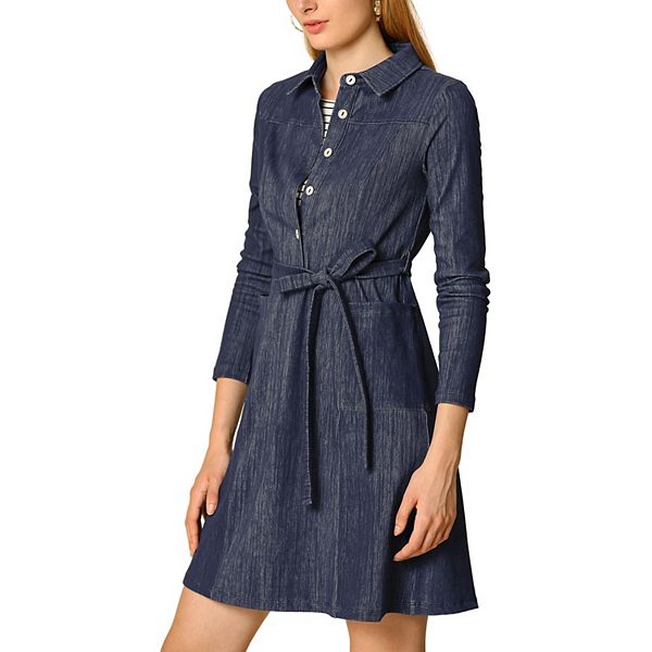 Women's Point Collar Half Placket Long Sleeve Shirt Dress with Belt