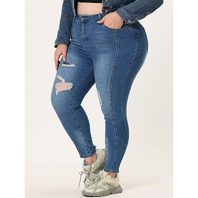 Women's Plus Size Denim Stretch Mid-Rise Washed Skinny Jeans