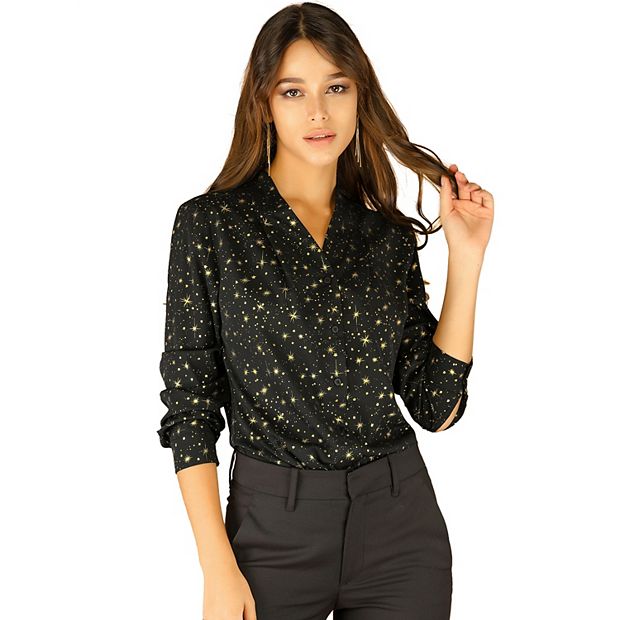 Women's Stand Collar Long Sleeve Metallic Stars Shirt