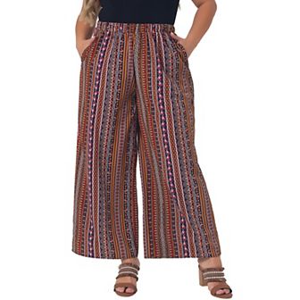 Women's Plus Size Elastic Waist Boho Wide Leg Loose Fit Pants