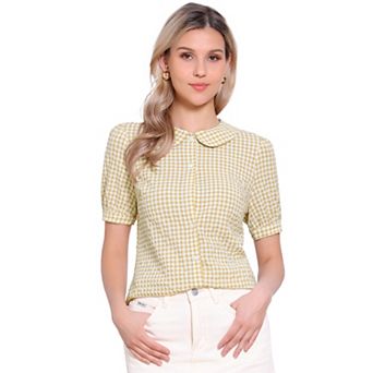 Women's Plaid Button Down Puffy Short Sleeve Peter Pan Collar Shirt