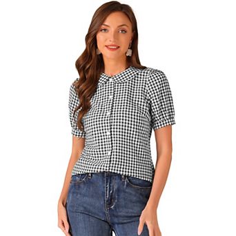 Women's Plaid Button Down Puffy Short Sleeve Peter Pan Collar Shirt