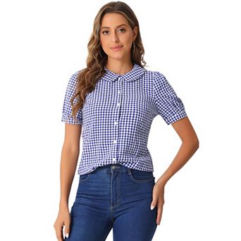 Women's Plaid Button Down Puffy Short Sleeve Peter Pan Collar Shirt