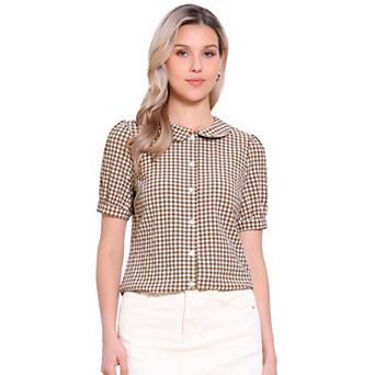 Women's Plaid Button Down Puffy Short Sleeve Peter Pan Collar Shirt