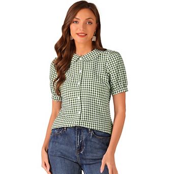 Women's Plaid Button Down Puffy Short Sleeve Peter Pan Collar Shirt