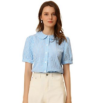 Women's Plaid Button Down Puffy Short Sleeve Peter Pan Collar Shirt