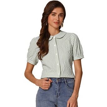 Women's Plaid Button Down Puffy Short Sleeve Peter Pan Collar Shirt