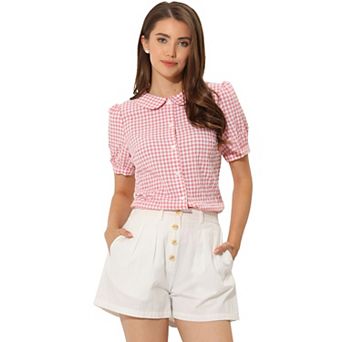 Women's Plaid Button Down Puffy Short Sleeve Peter Pan Collar Shirt