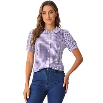Women's Plaid Button Down Puffy Short Sleeve Peter Pan Collar Shirt