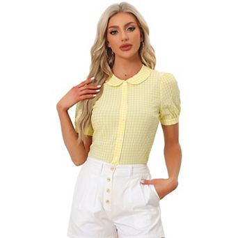 Women's Plaid Button Down Puffy Short Sleeve Peter Pan Collar Shirt