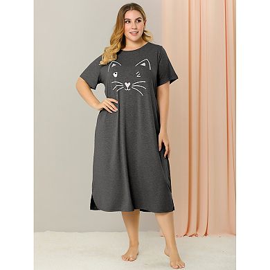 Women's Plus Size Comfy Pajamas Cute Cat Print Side Pocket Nightgown