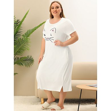 Women's Plus Size Comfy Pajamas Cute Cat Print Side Pocket Nightgown
