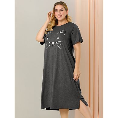 Women's Plus Size Comfy Pajamas Cute Cat Print Side Pocket Nightgown