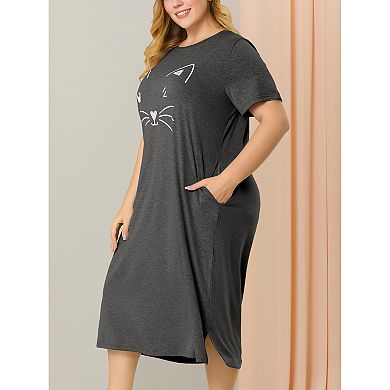 Women's Plus Size Nightgowns Cute Cat Pajama Soft Nightshirt Family Sleepdress with Pockets