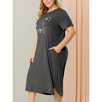 Women's Plus Size Comfy Pajamas Cute Cat Print Side Pocket Nightgown