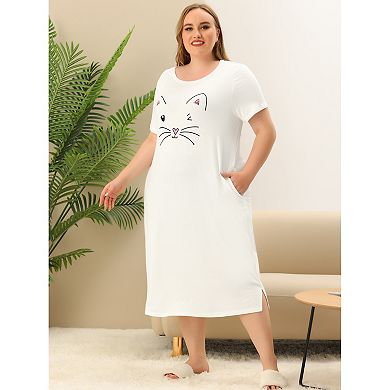 Women's Plus Size Comfy Pajamas Cute Cat Print Side Pocket Nightgown