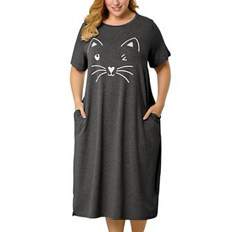 Women's Plus Size Nightgowns Cute Cat Pajama Soft Nightshirt Family Sleepdress with Pockets
