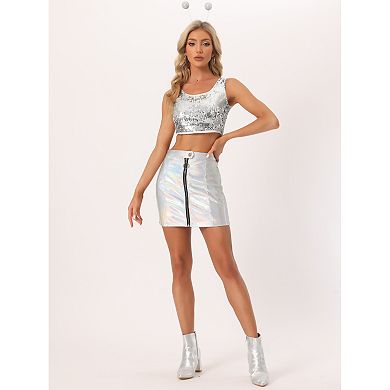 Women's Metallic Sequin Scoop Neck Sleeveless Cropped Tank Top