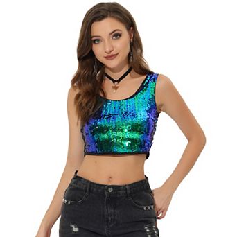 Women's Metallic Sequin Scoop Neck Sleeveless Cropped Tank Top