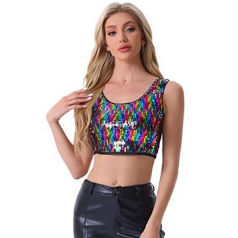 Women's Metallic Sequin Scoop Neck Sleeveless Cropped Tank Top