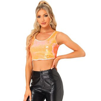Women's Metallic Sequin Scoop Neck Sleeveless Cropped Tank Top
