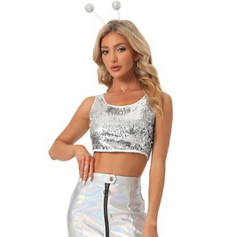 Women's Metallic Sequin Scoop Neck Sleeveless Cropped Tank Top