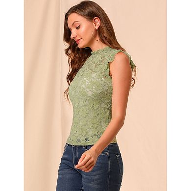 Women's Sleeveless Lace Ruffled Semi Sheer Blouse Top