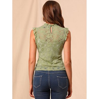 Women's Sleeveless Lace Ruffled Semi Sheer Blouse Top