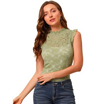 Women's Sleeveless Lace Ruffled Semi Sheer Blouse Top