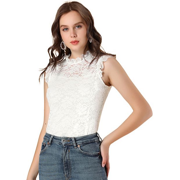 Women's Sleeveless Lace Ruffled Semi Sheer Blouse Top