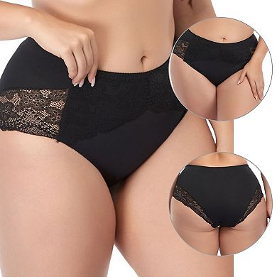 Women's Lace Trim High Rise Solid Brief Stretchy Underwear 3 Packs
