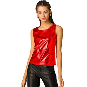 Women's U Neck Stretchy Slim Fit Metallic Tank Tops