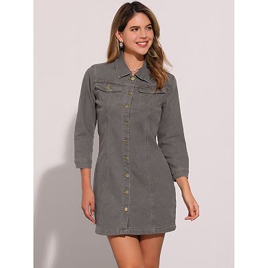 Women's 3/4 Sleeve Button Down Denim Slim Fit Shirt Dress