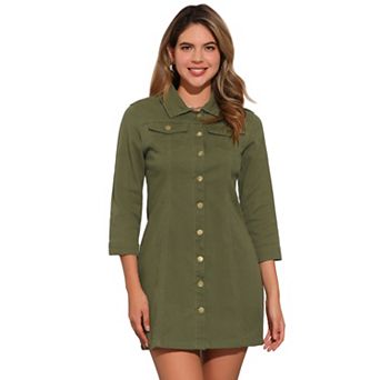 Women's 3/4 Sleeve Button Down Denim Slim Fit Shirt Dress