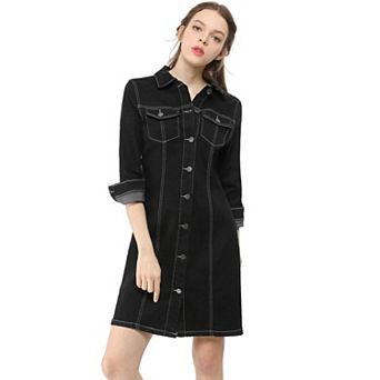 Women's 3/4 Sleeve Button Down Denim Slim Fit Shirt Dress