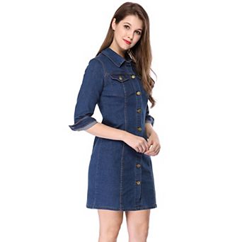 Women's 3/4 Sleeve Button Down Denim Slim Fit Shirt Dress