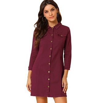 Women's 3/4 Sleeve Button Down Denim Slim Fit Shirt Dress