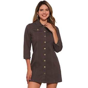 Women's 3/4 Sleeve Button Down Denim Slim Fit Shirt Dress