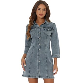 Women's 3/4 Sleeve Button Down Denim Slim Fit Shirt Dress