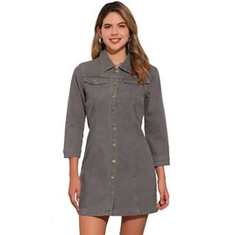 Women's 3/4 Sleeve Button Down Denim Slim Fit Shirt Dress