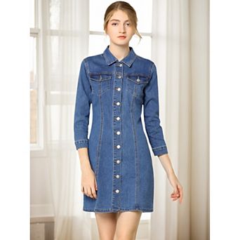 Women's 3/4 Sleeve Button Down Denim Slim Fit Shirt Dress