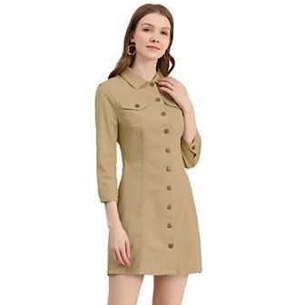 Women's 3/4 Sleeve Button Down Denim Slim Fit Shirt Dress