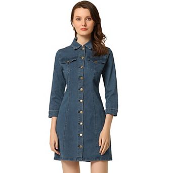 Women's 3/4 Sleeve Button Down Denim Slim Fit Shirt Dress