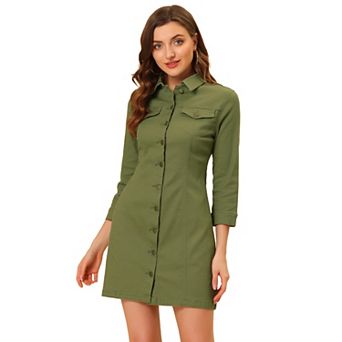 Women's 3/4 Sleeve Button Down Denim Slim Fit Shirt Dress