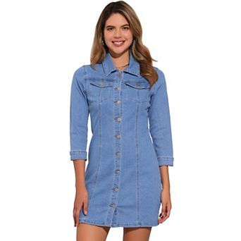 Women's 3/4 Sleeve Button Down Denim Slim Fit Shirt Dress