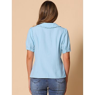 Women's Peter Pan Collar Short Sleeve Button Chambray Shirt